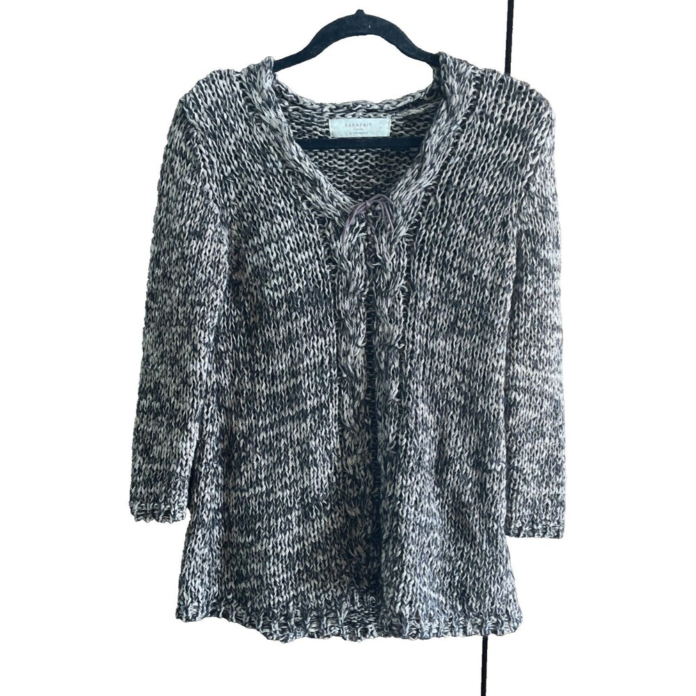 ZaraKnit Cotton Blend Sweater Loose Knit Cable‎ Detail Brown Black M Metallic